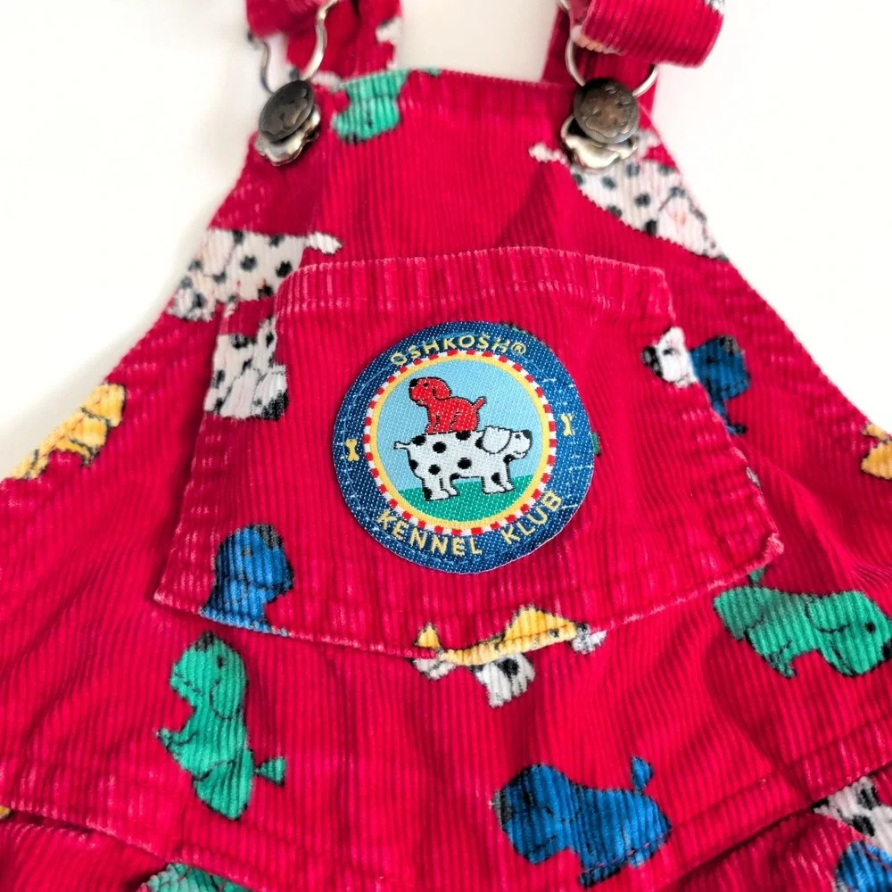 Vintage OshKosh Bgosh Kennel Klub Red Corduroy Puppy Dog Overalls 18M 90s 80s